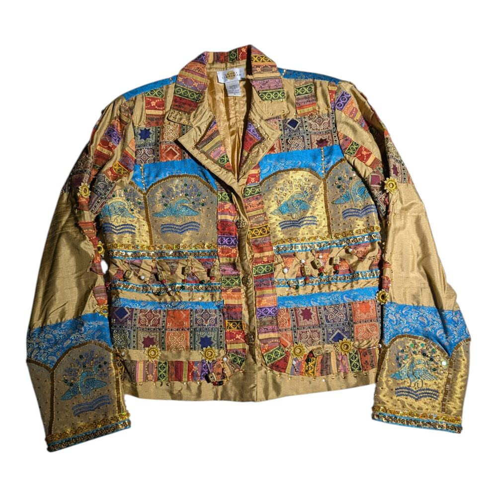 Vtg Y2K Sandy Starkman Gold 100% Silk Brocade Beaded Embroidered Jacket Sz M